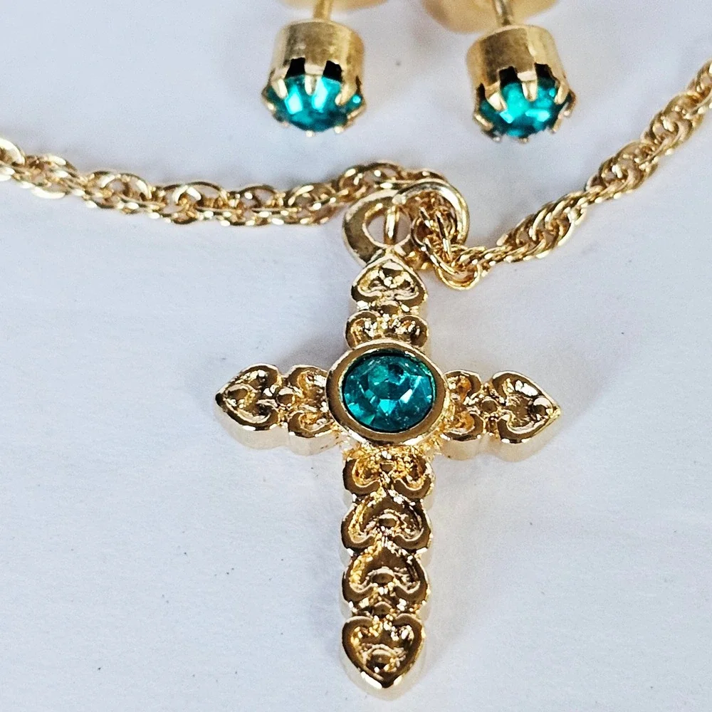Vintage 1994 Avon Kids Cross Necklace Earring Set Blue Zircon Birthstone Gold